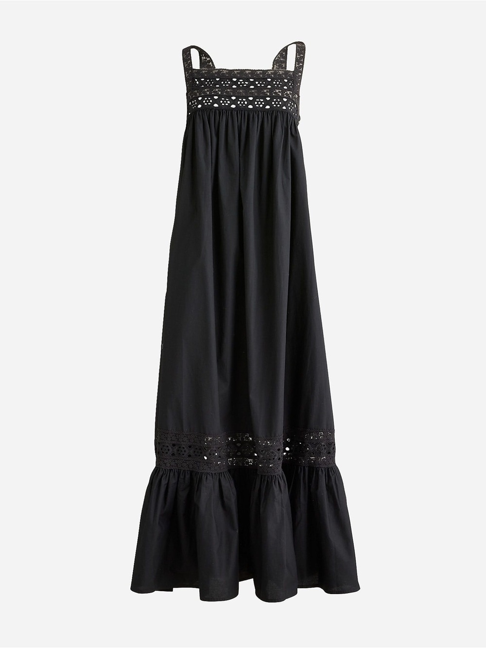 J Crew Athena Black Cotton Poplin Lace Trim Tiered Midi Sundress Size Small